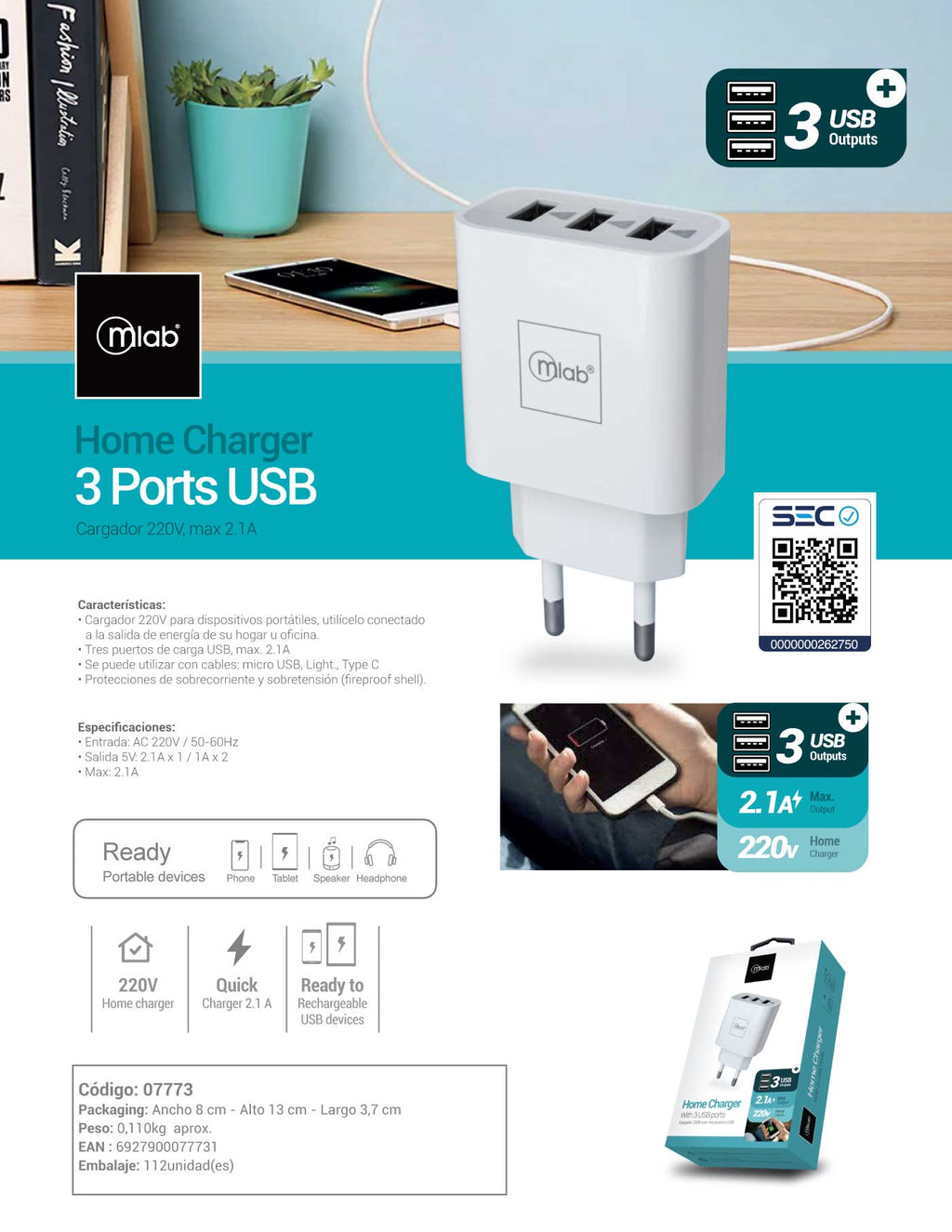 7773 – Home Charger Certificado 3 puertos USB 220v Blanco