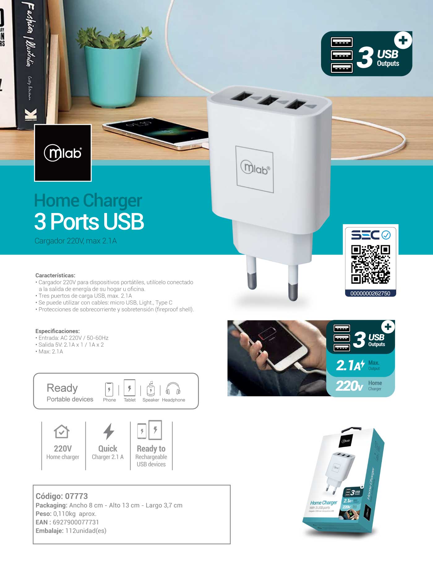 7773 – Home Charger Certificado 3 puertos USB 220v Blanco