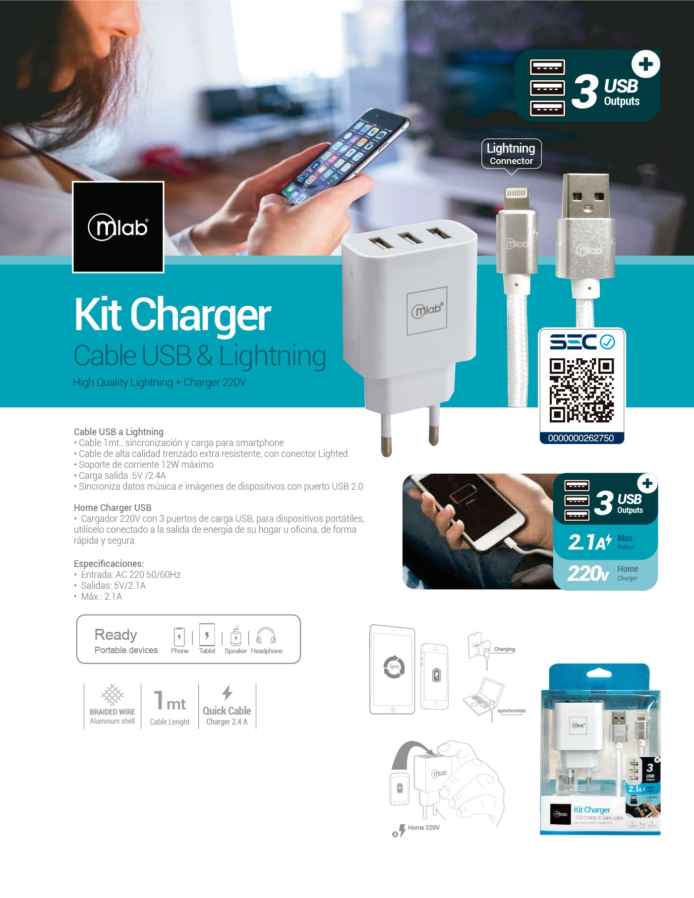 7899 – Kit Cargador Certificado 220v 2 en 1 + Cable Lightning