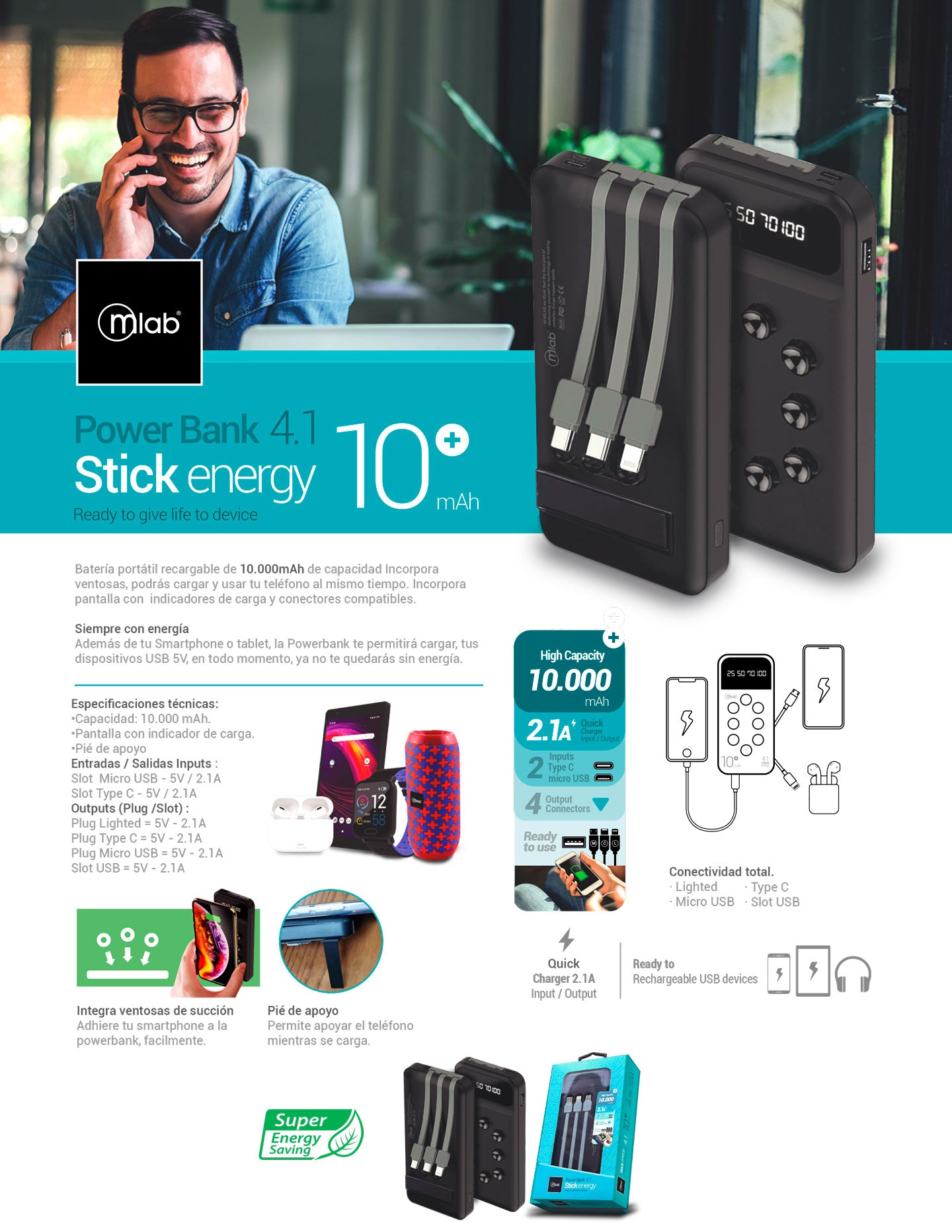 9219 – Batería portátil, Powerbank 4.1 Stick energy 10.000mAh