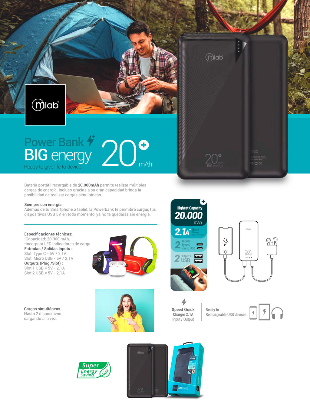 9221 – Batería portátil, Powerbank BIG energy 20.000mAh