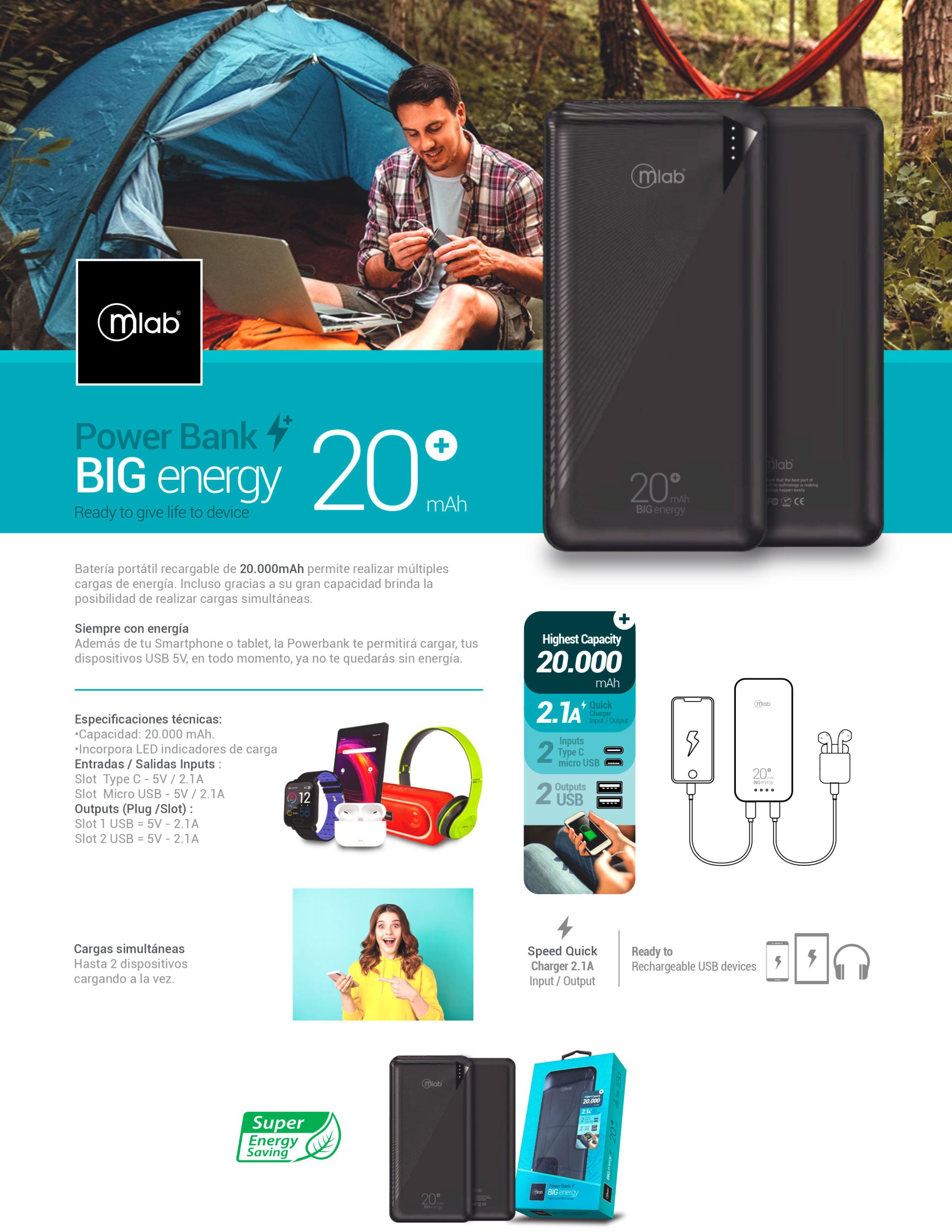 9221 – Batería portátil, Powerbank BIG energy 20.000mAh