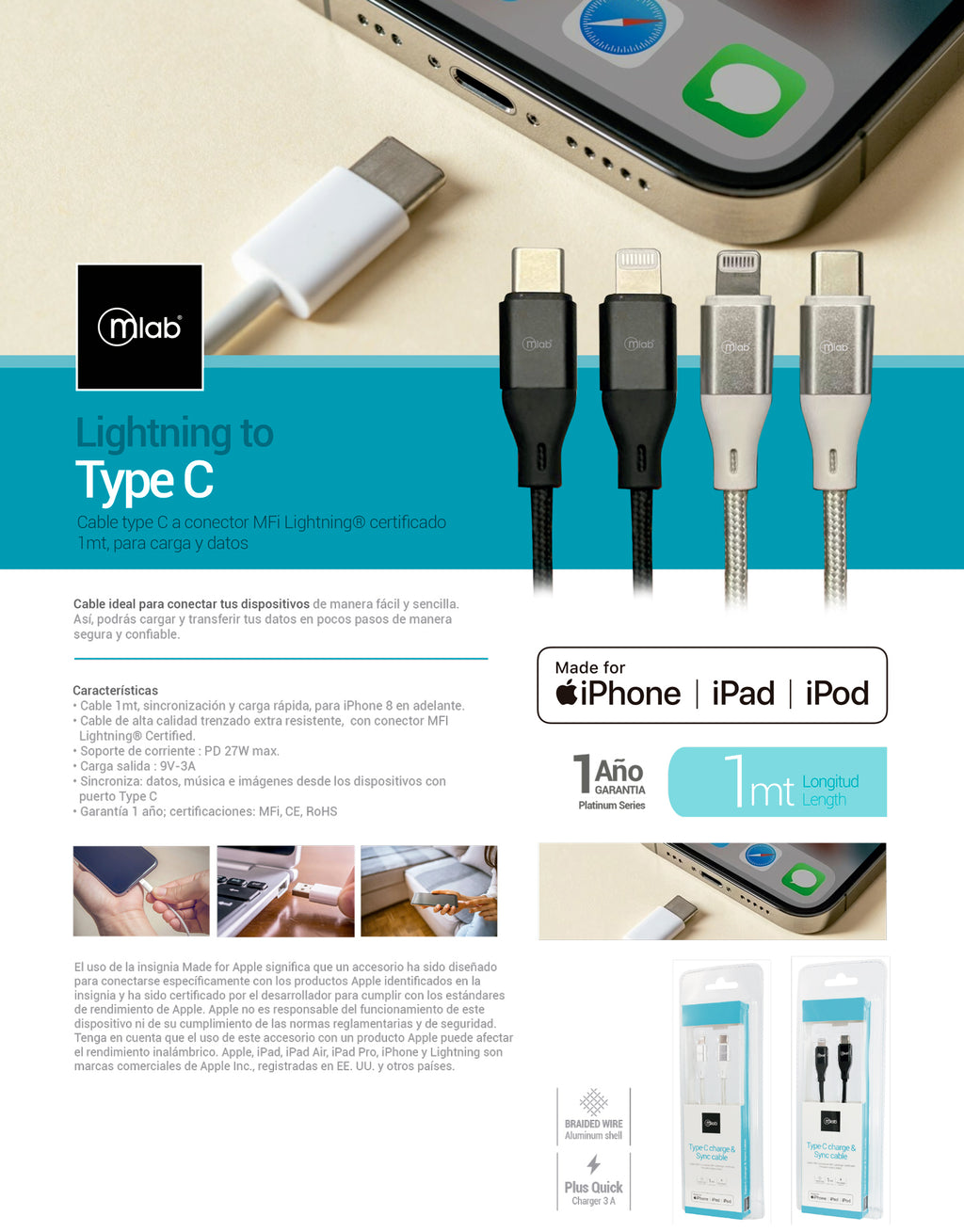 9264- Cable Certificado Lightning a Tipo C Silver