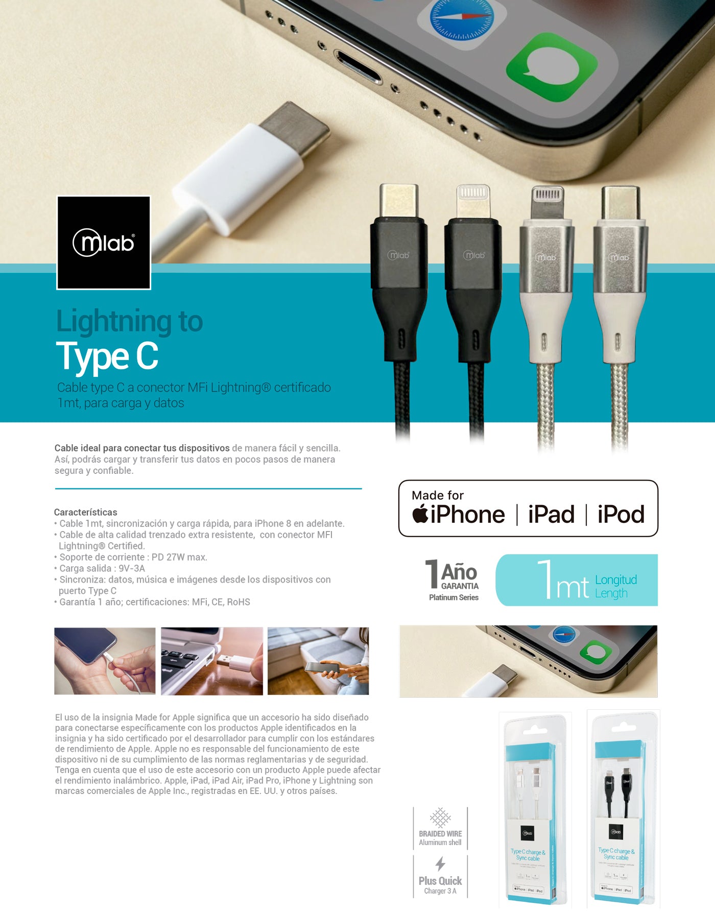 9264- Cable Certificado Lightning a Tipo C Silver