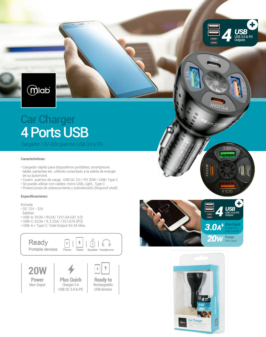 9273- Cargador 12V-32V, 4 Puertos , USB 3.0 y PD