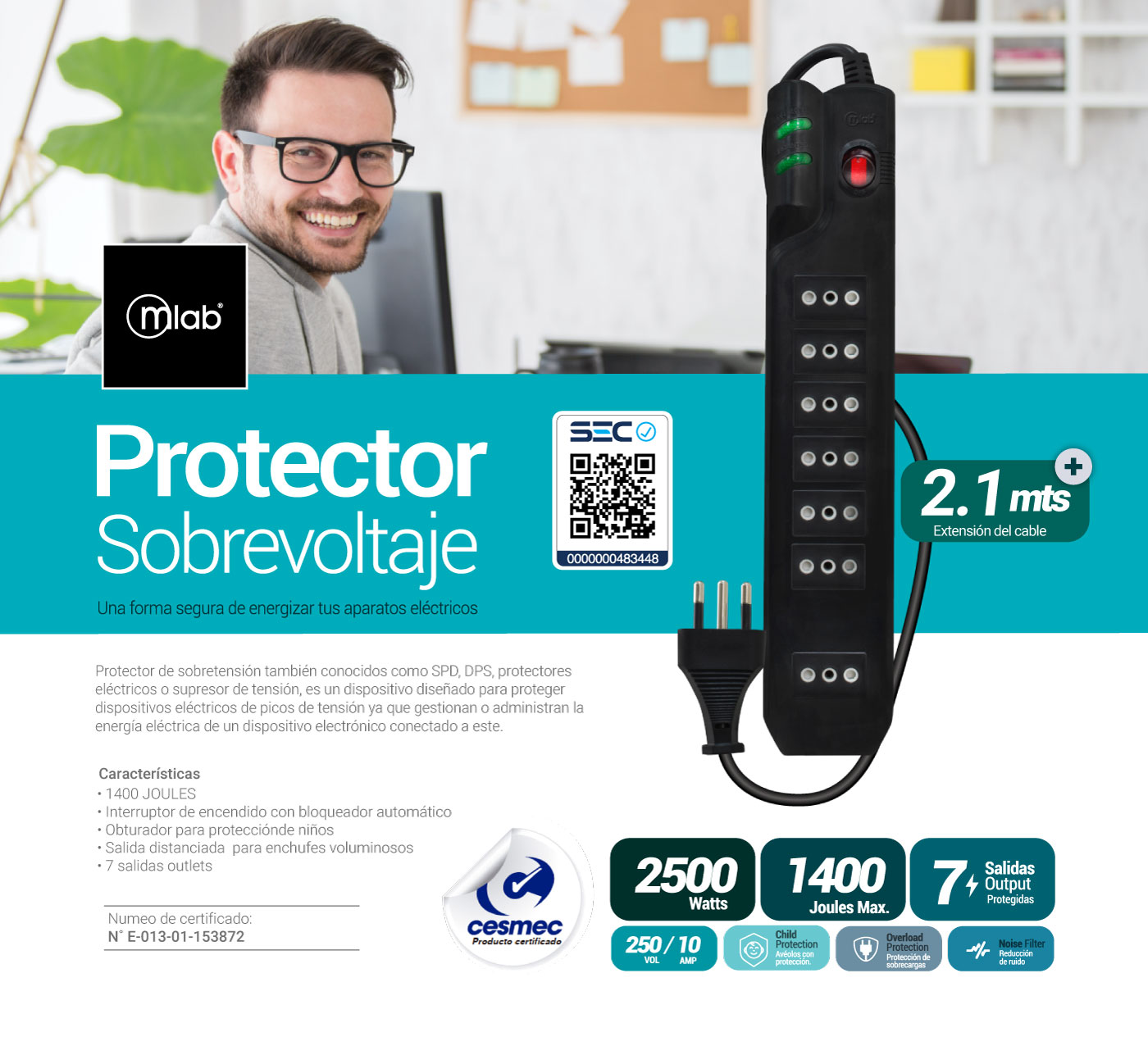9304- Protector Sobrevoltaje MCL-07 1400J 2.1mt Negro