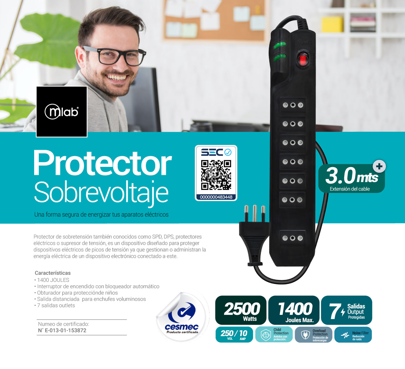 9305- Protector Sobrevoltaje MCL-07 1400J 3.0mt Negro