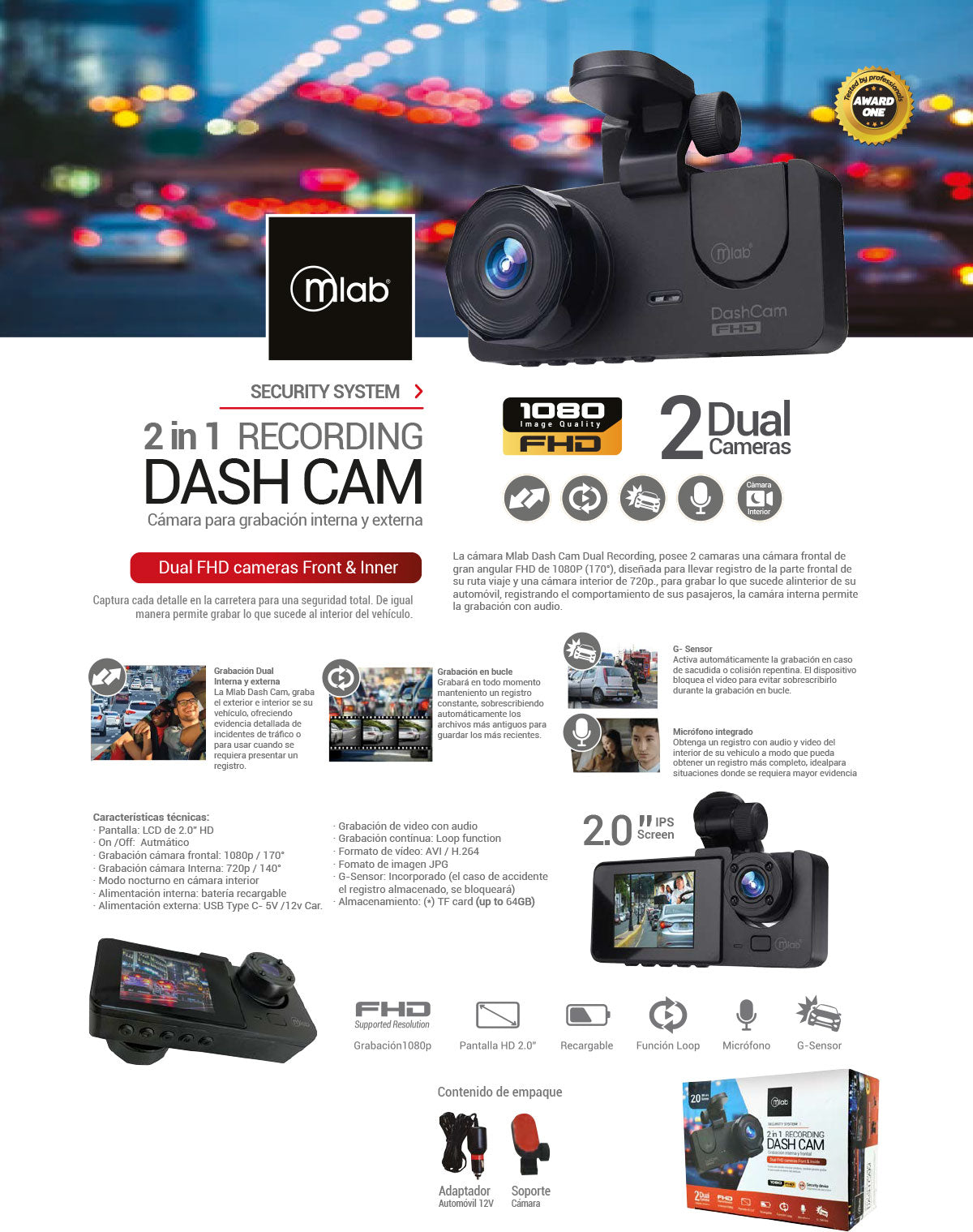 9317 – Cámara Auto DVR FHD, 2 Cámaras Front 1080p/Inside 720p