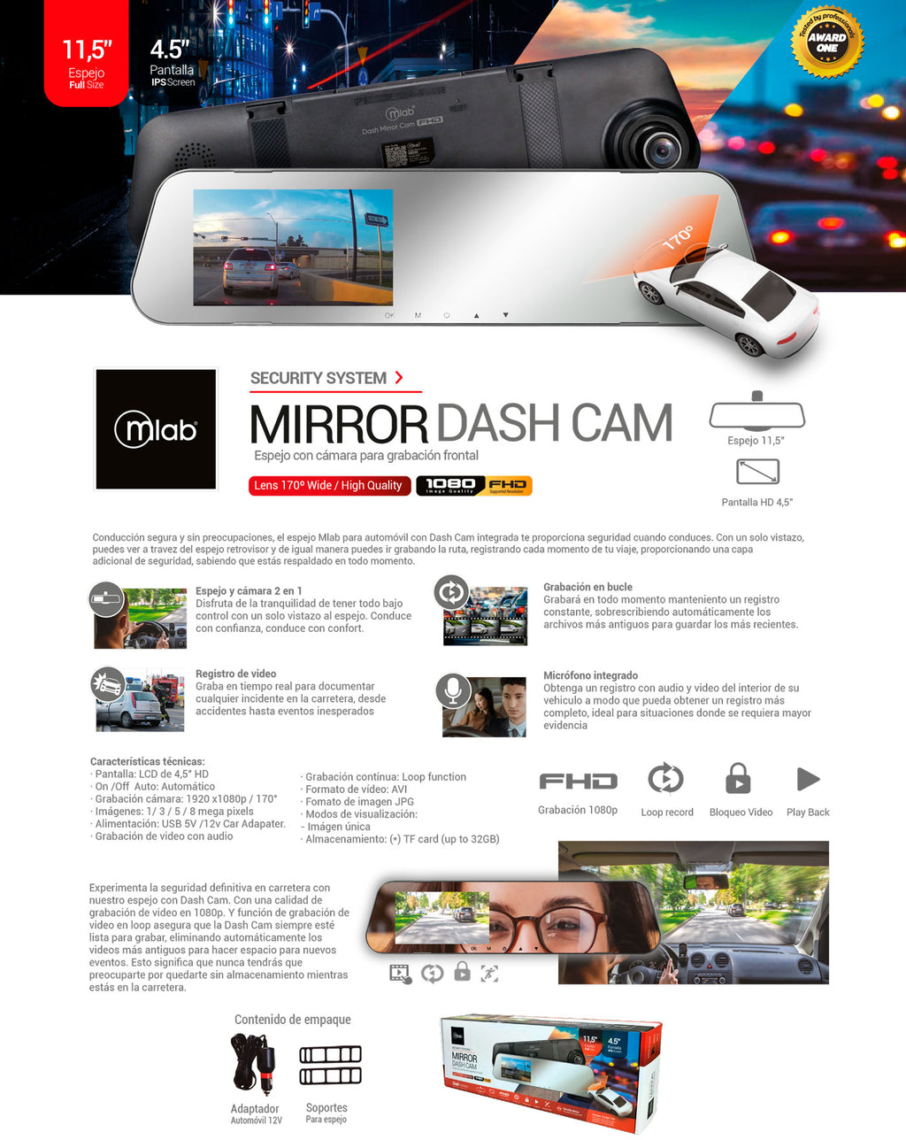 9319 – Cámara Espejo Auto DVR FHD Front 1080p