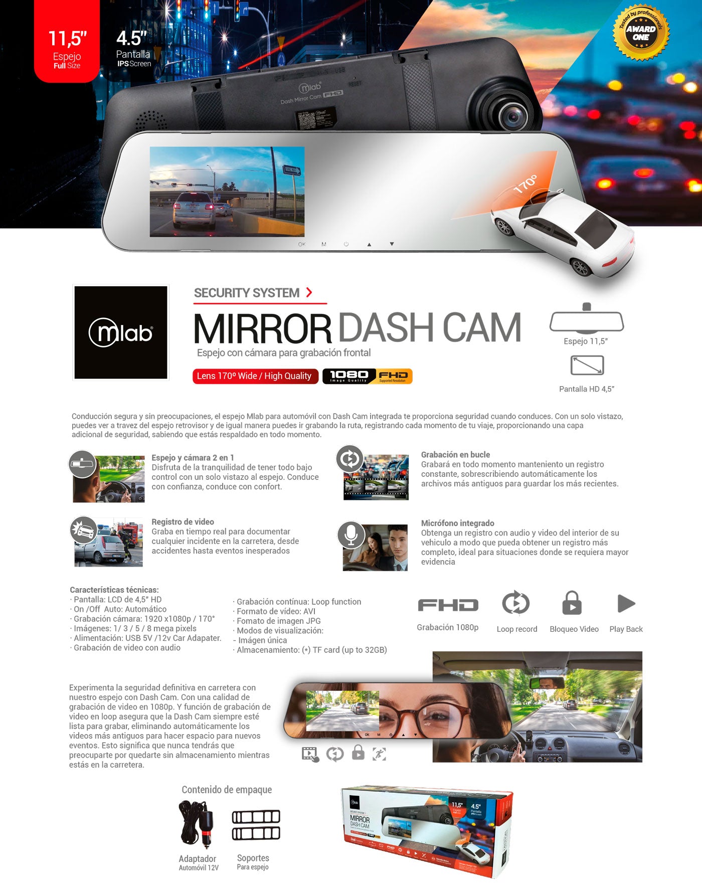 9319 – Cámara Espejo Auto DVR FHD Front 1080p