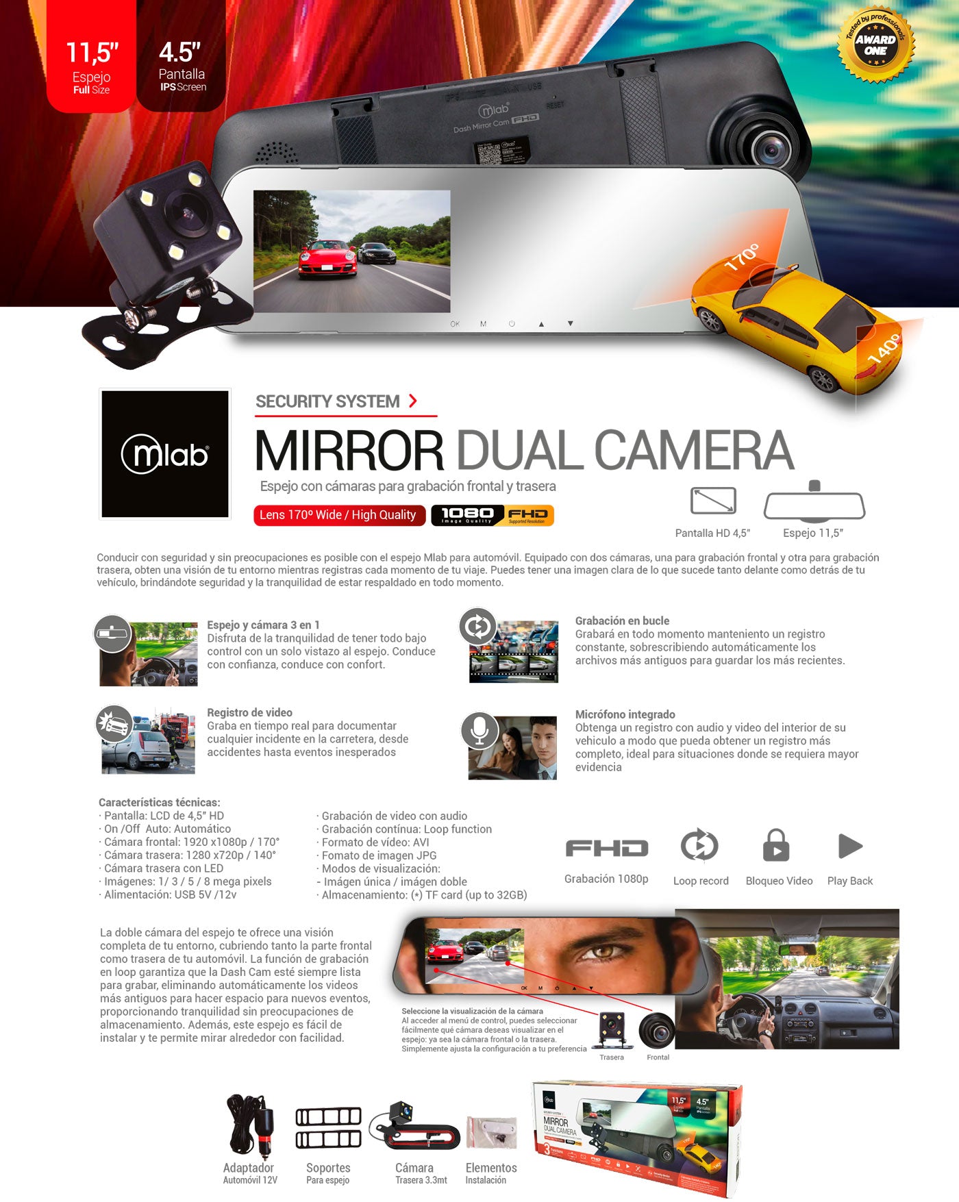 9320 – Cámara Espejo Auto DVR FHD 2 Cámaras Front 1080p/ Rear 720p