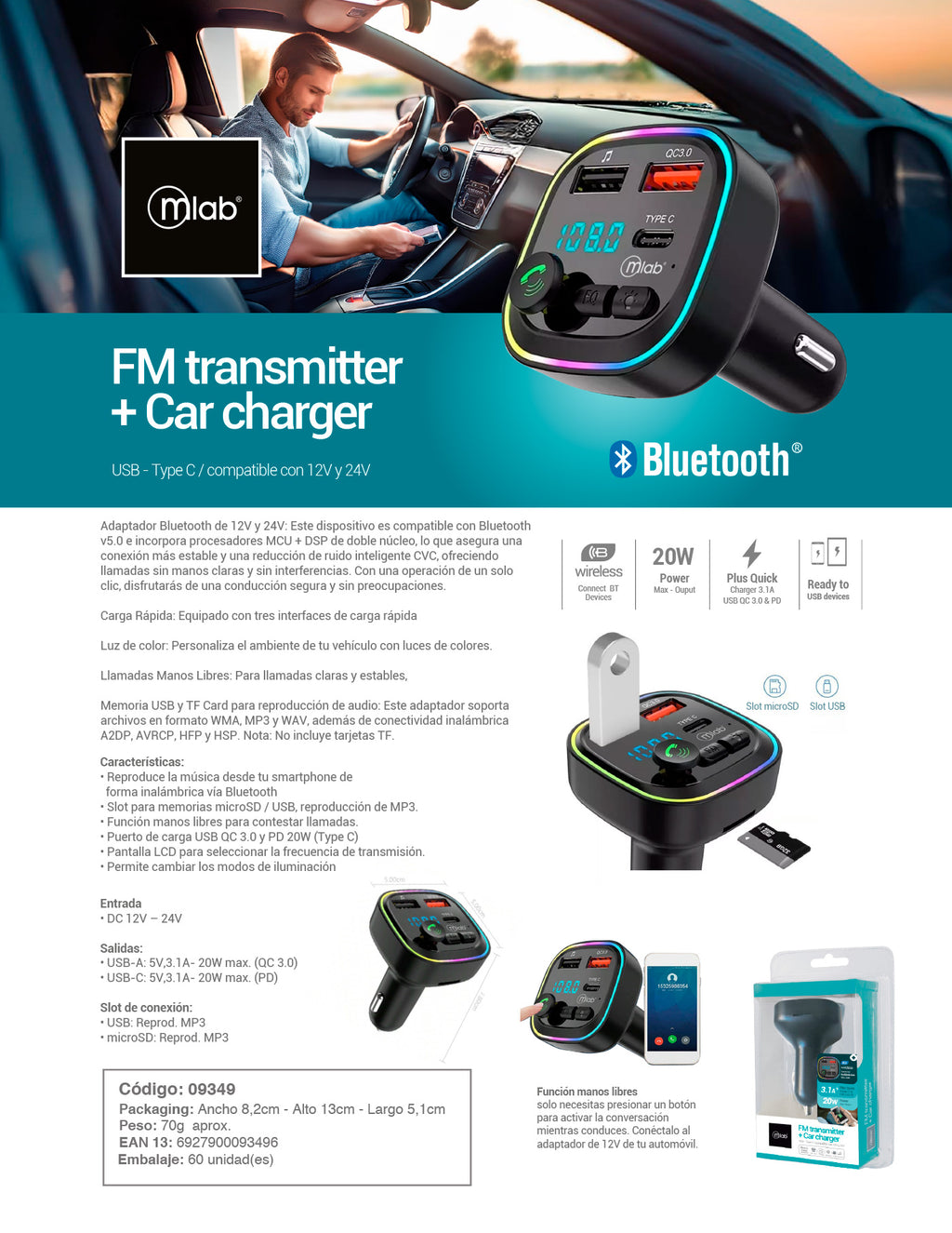 9349 – MLAB Transmisor FM BT 12V-24V + Cargador Rápido 20W 2USB QC3.0 + PD 3.1A + MSD