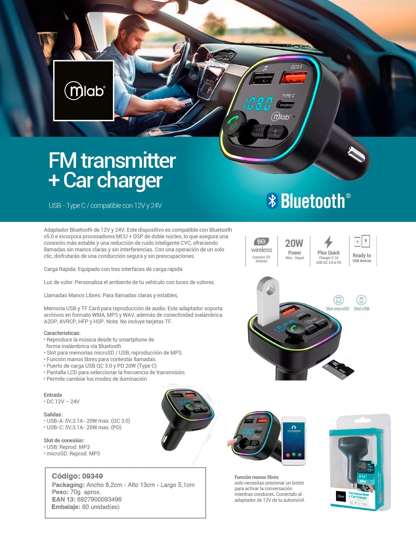 9349 – MLAB Transmisor FM BT 12V-24V + Cargador Rápido 20W 2USB QC3.0 + PD 3.1A + MSD