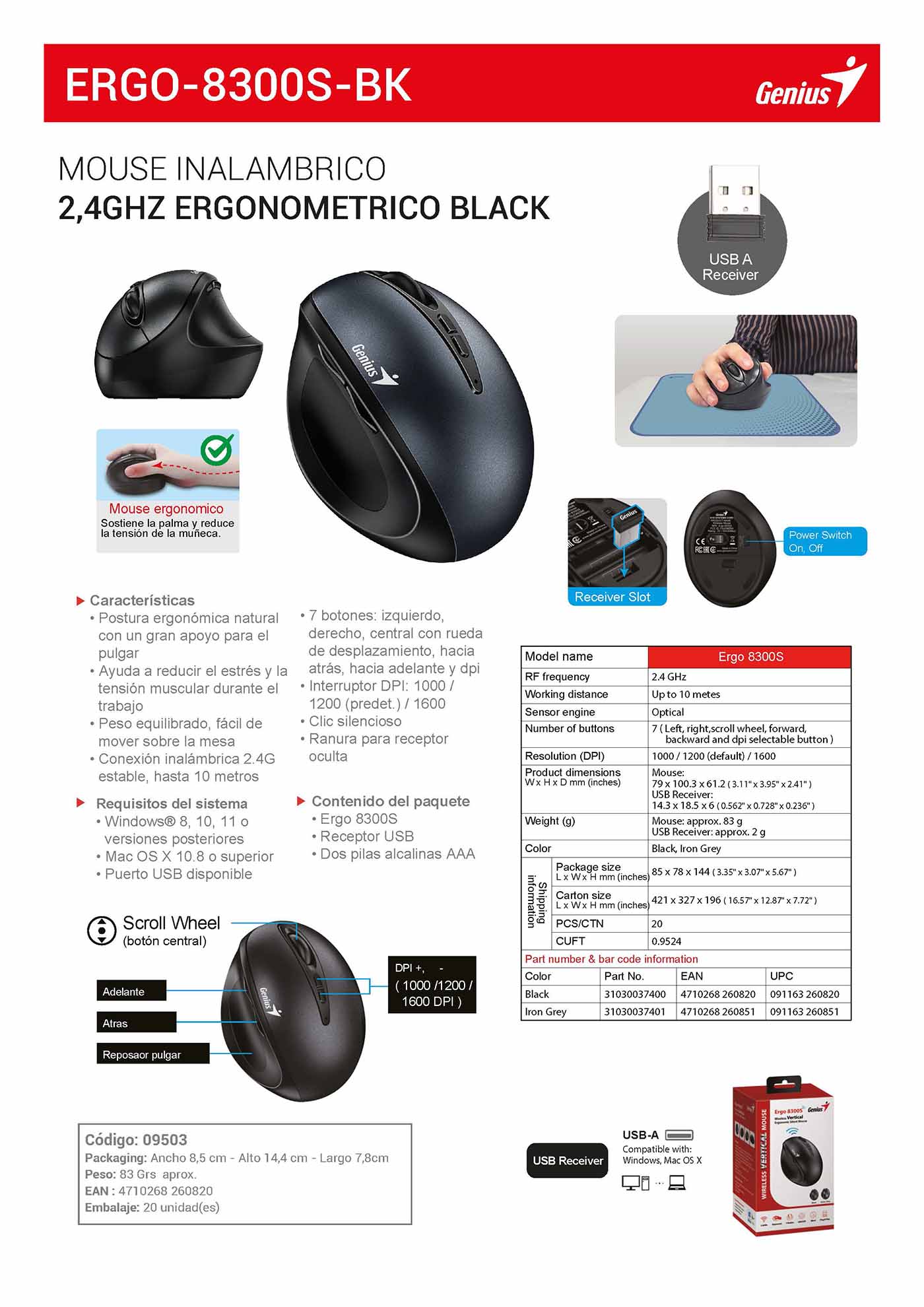 ERGO-8300S-BK – MOUSE INALAMBRICO 2,4GHZ ERGONOMETRICO Black