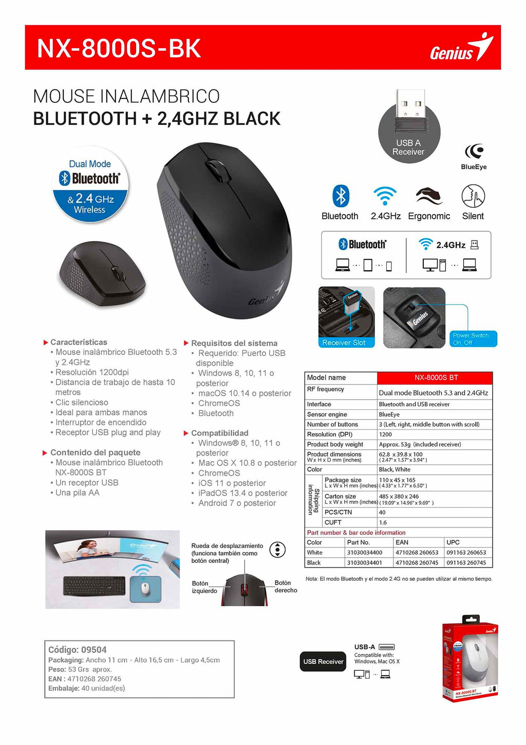 NX-8000S-BK – MOUSE INALAMBRICO BLUETOOTH + 2,4GHZ Black