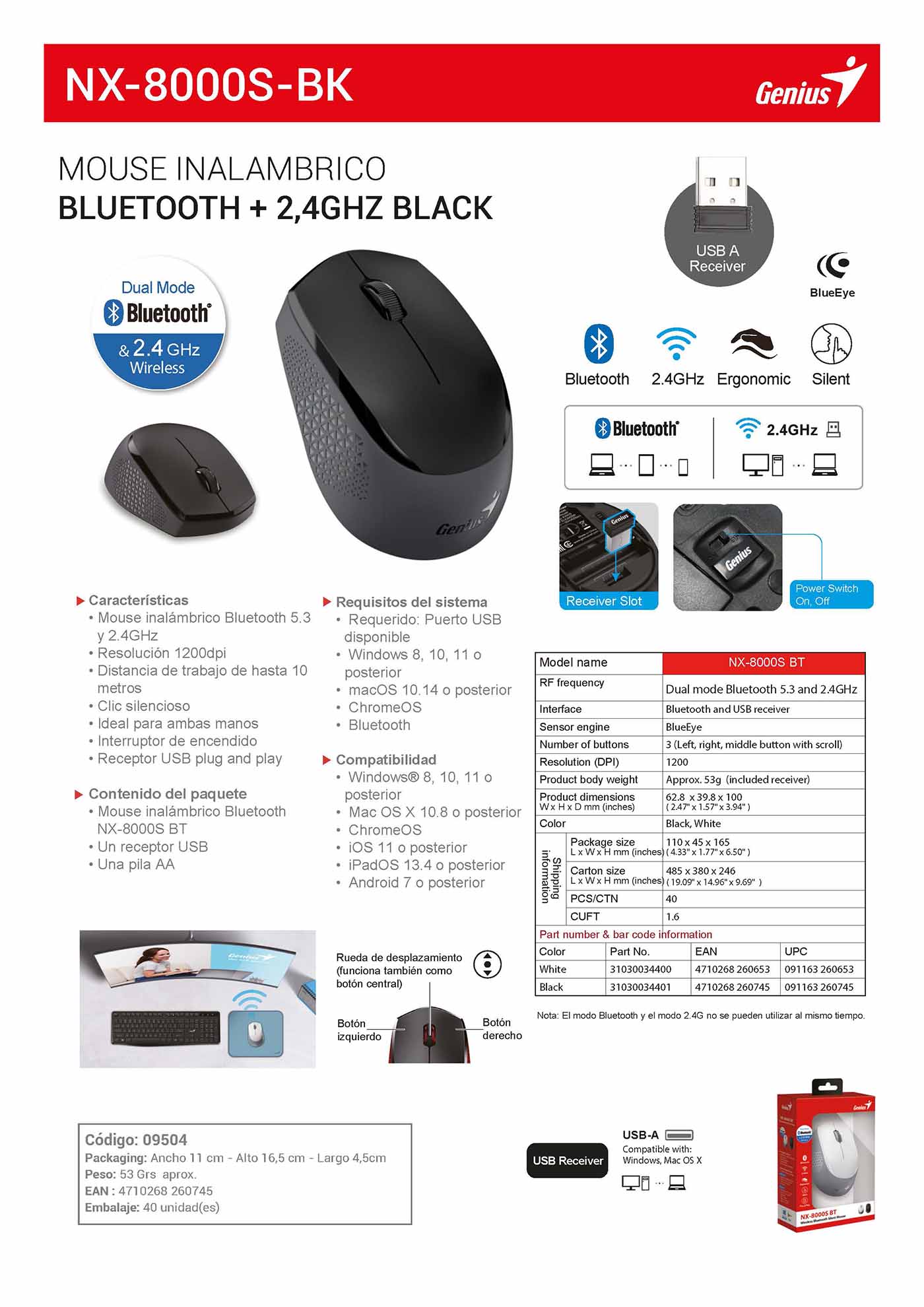 NX-8000S-BK – MOUSE INALAMBRICO BLUETOOTH + 2,4GHZ Black