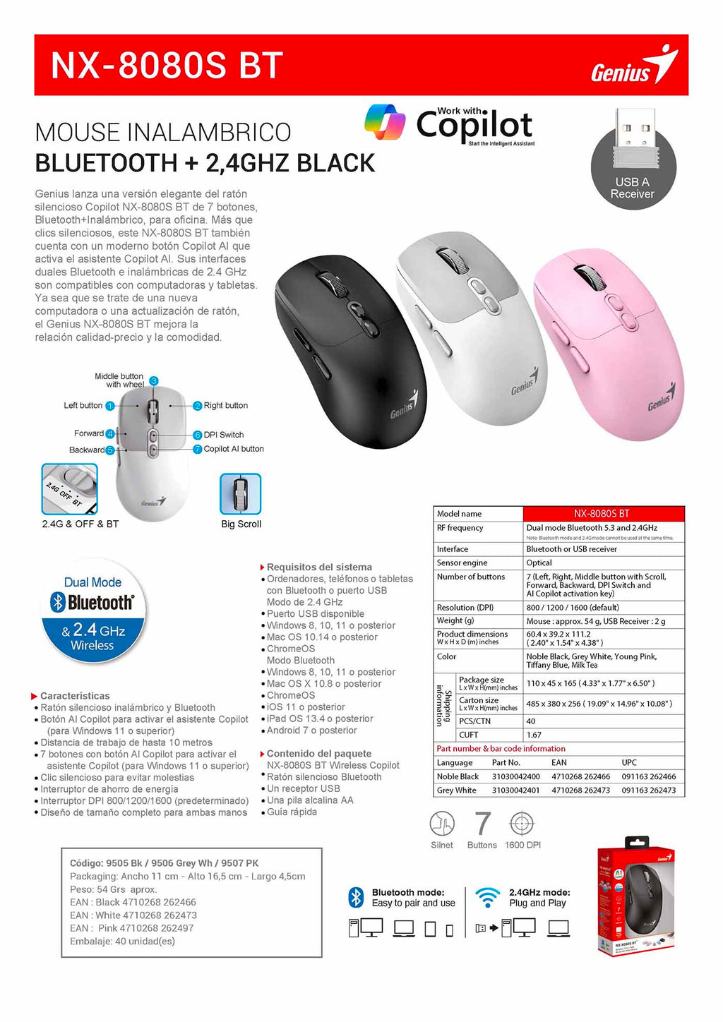 NX-8080S BT – MOUSE INALÁMBRICO BLUETOOTH 2,4 GHZ – Black