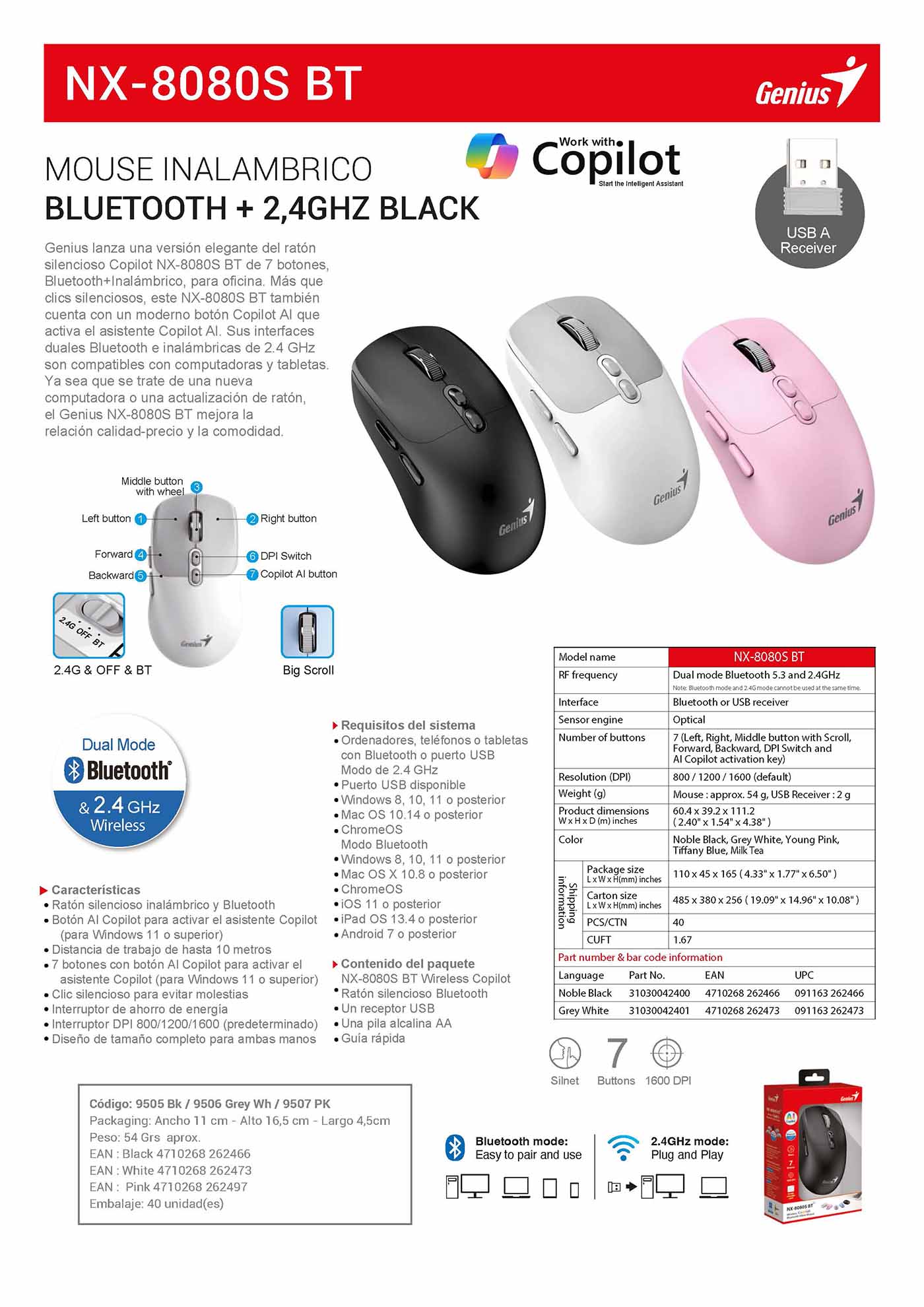 NX-8080S BT – MOUSE INALÁMBRICO BLUETOOTH 2,4 GHZ – Black