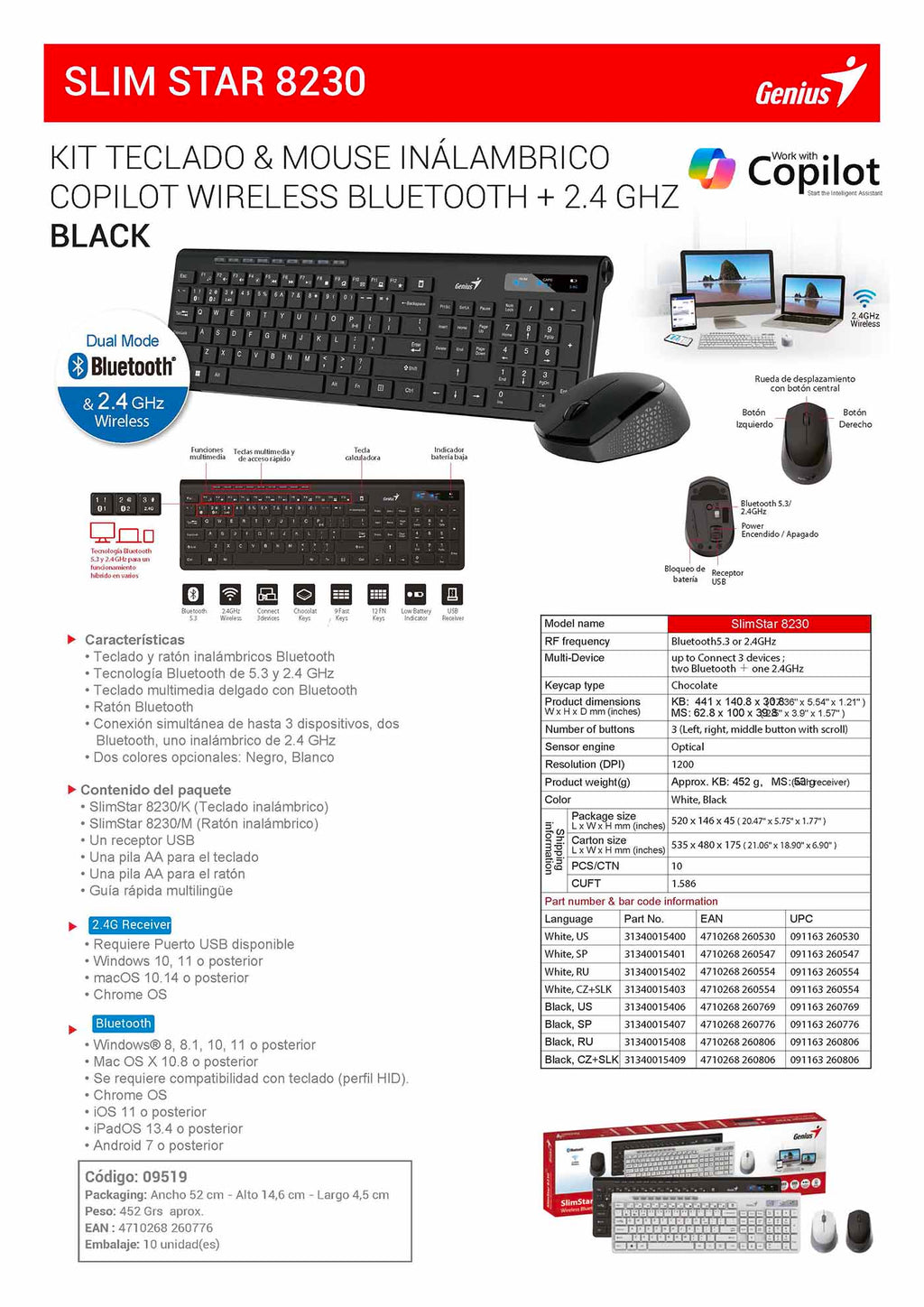 SLIM STAR 8230 – KIT TECLADO Y MOUSE INÁLAMBRICO COPILOTS WIRELESS BLUETOOTH + 2.4 BLACK