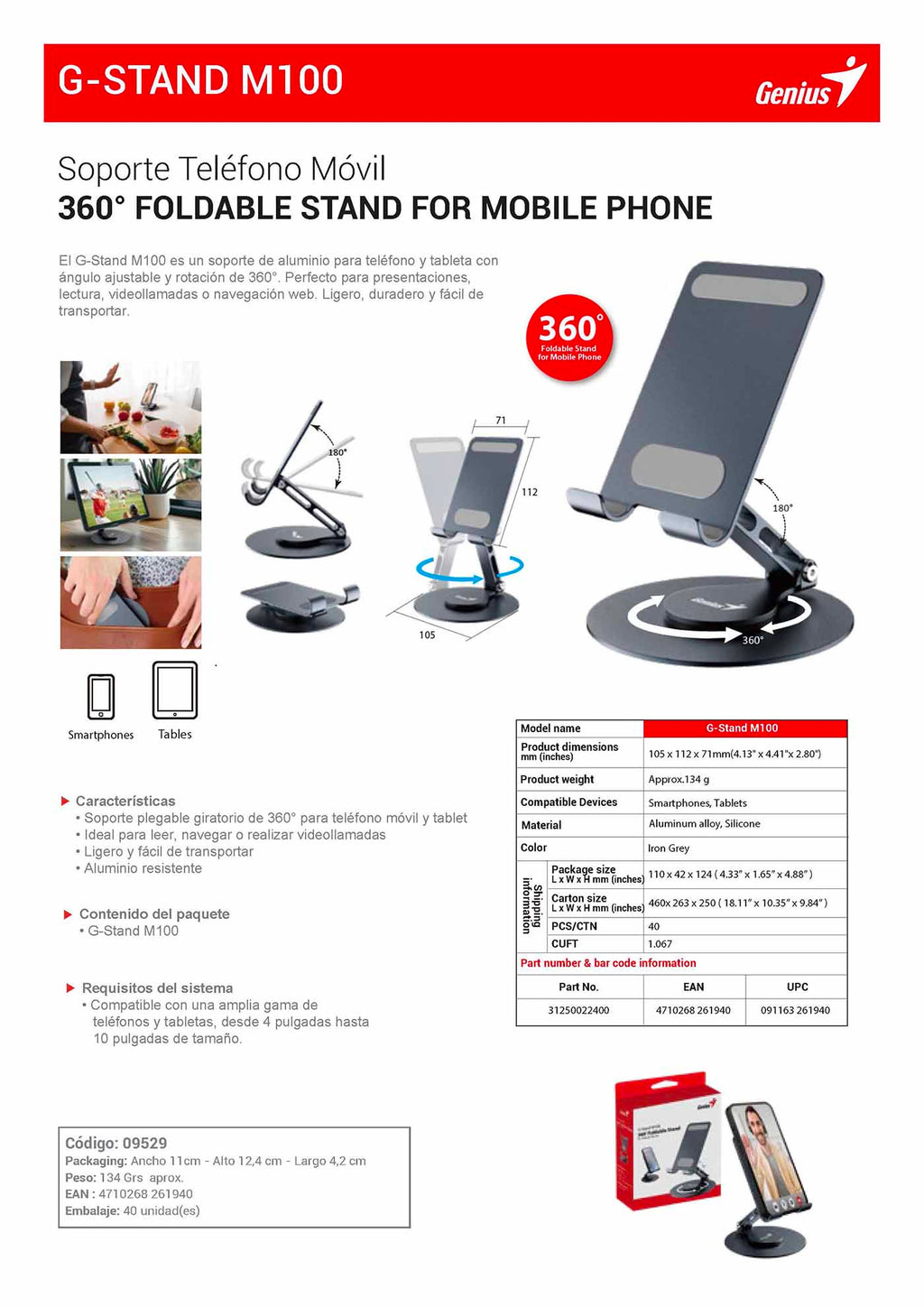 G-STAND M100 – Soporte Teléfono Móvil 360° FOLDABLE STAND FOR MOBILE PHONE