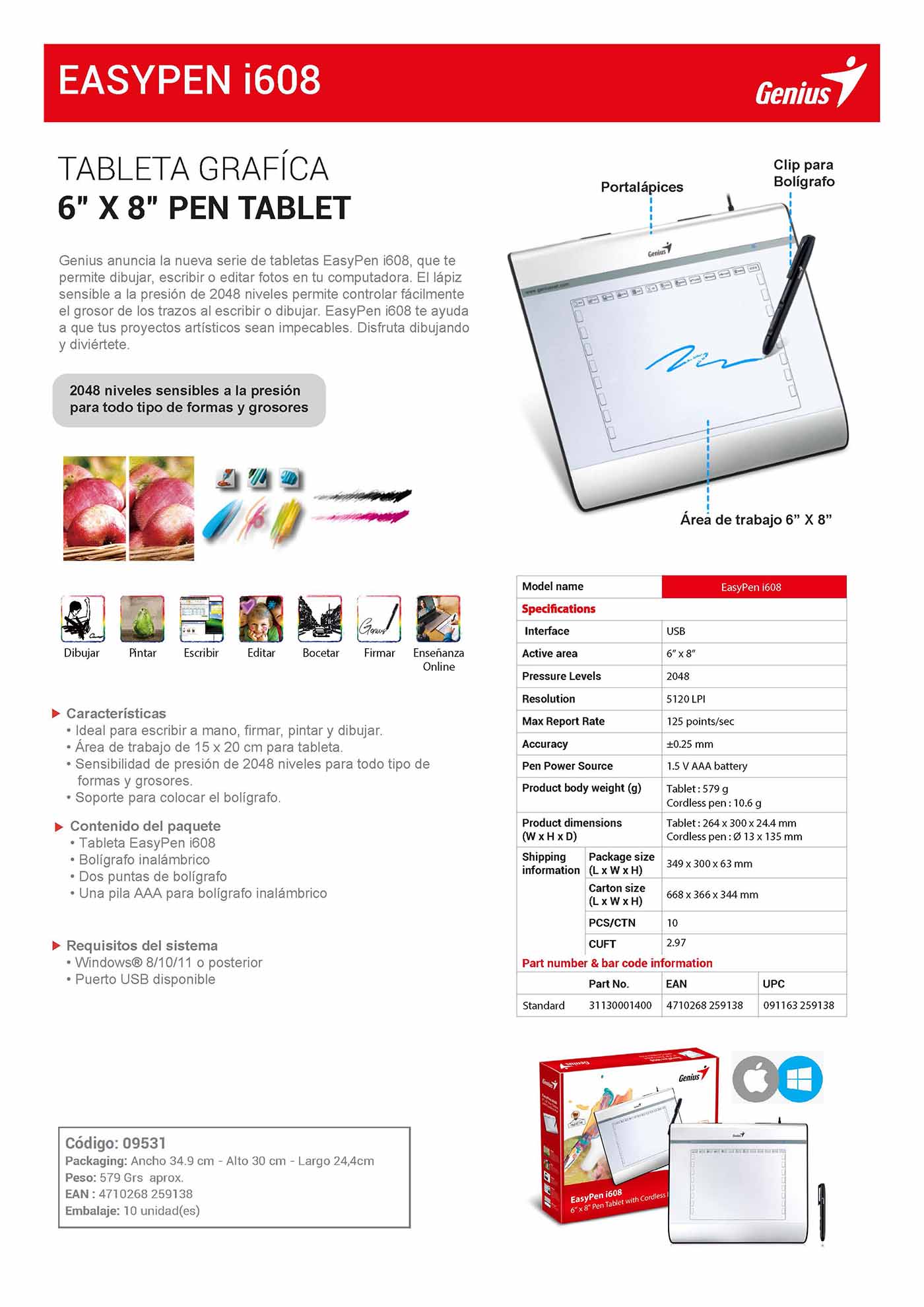 EASYPEN i608 – TABLETA GRAFÍCA 6” X 8” PEN TABLET