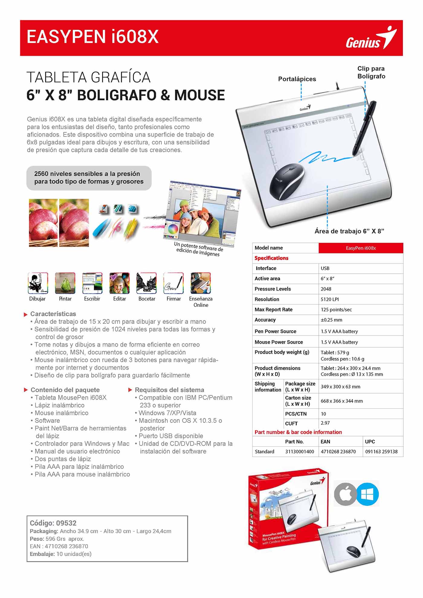EASYPEN i608X – TABLETA GRAFÍCA 6” X 8” BOLIGRAFO & MOUSE