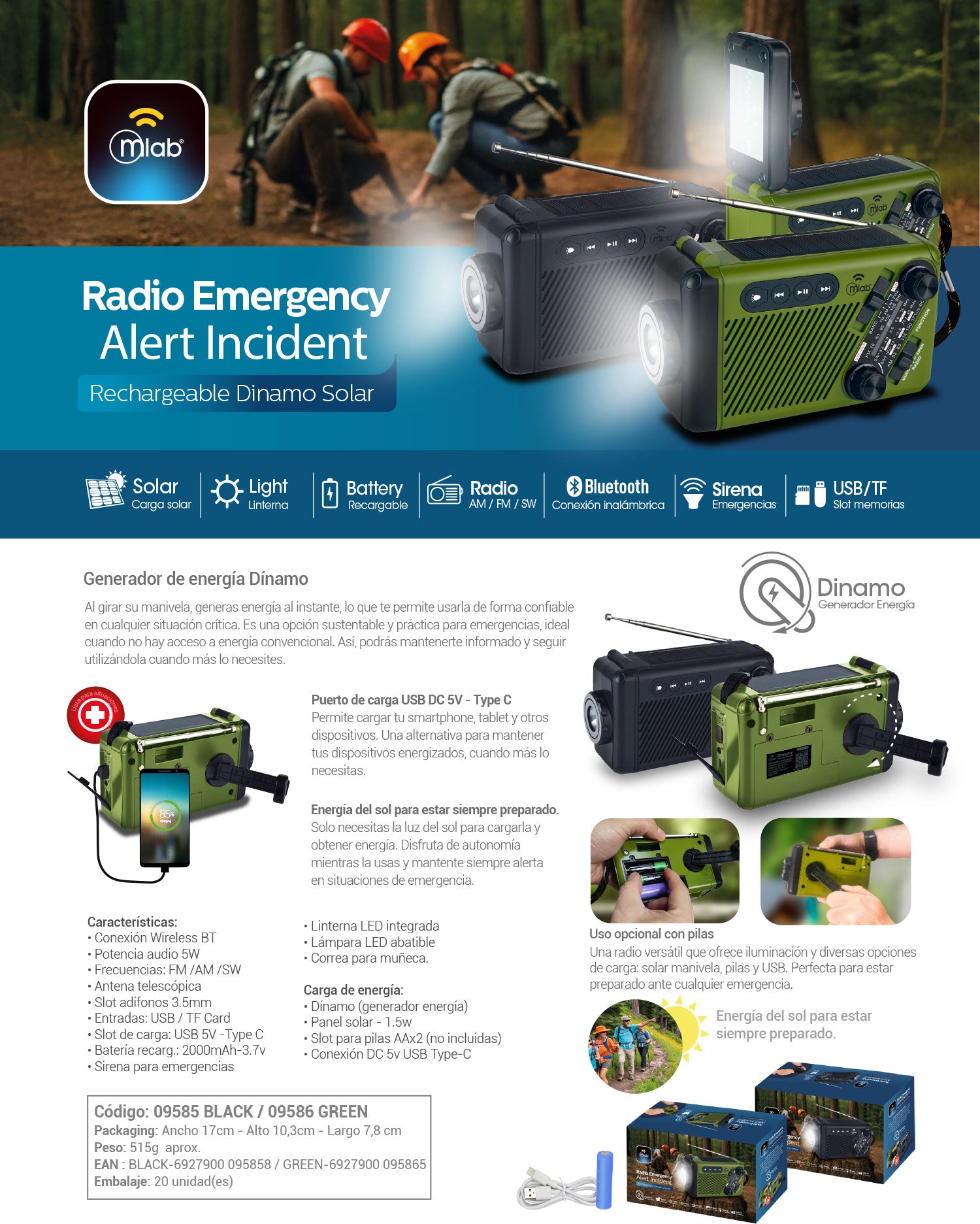 9585 – Radio Emergency Alert Incident Rechargeable Dinamo Solar / Black