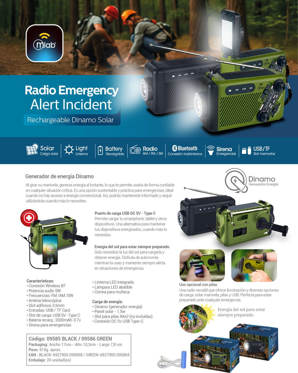 9586 – Radio Emergency Alert Incident Rechargeable Dinamo Solar / Green