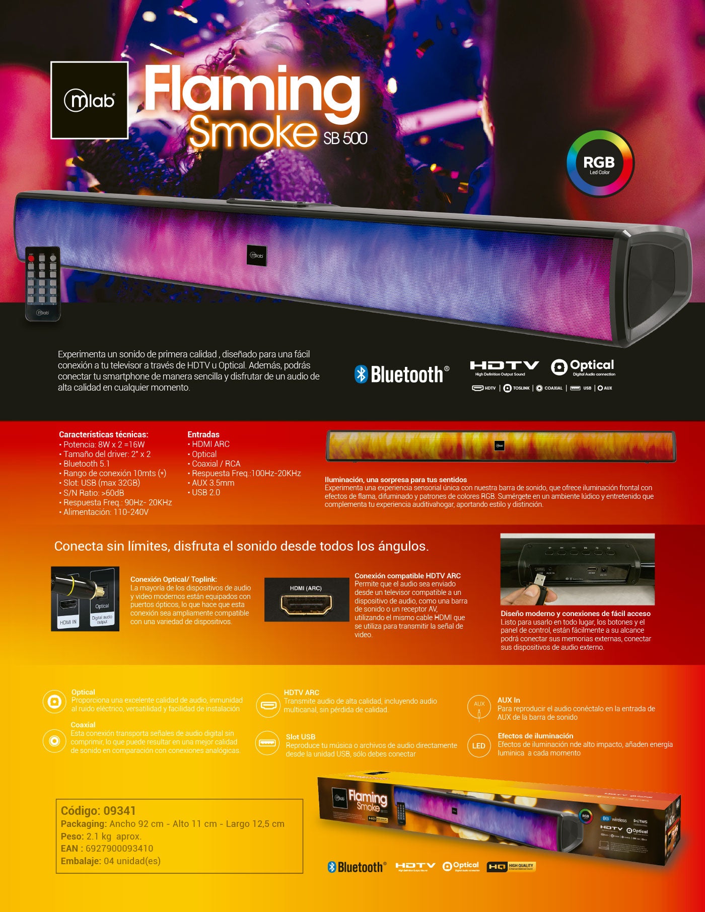 9341 – Mlab Soundbar Flaming Smoke HDMI – Optico – Bluetooth SB-500