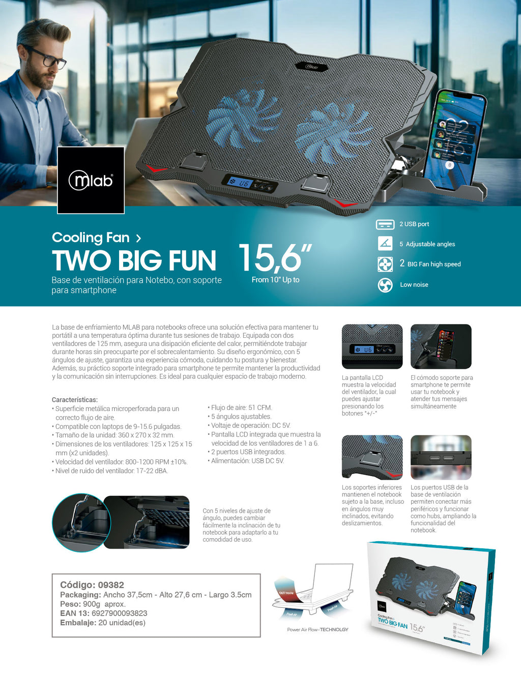9382 – Mlab base ventilador notebook Two Big Fan 12,5 LCD Display Speeder
