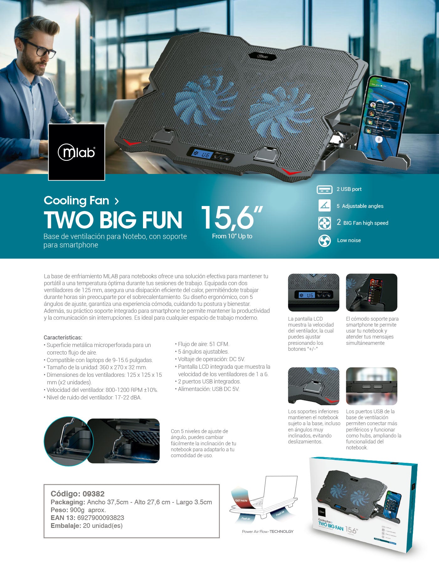 9382 – Mlab base ventilador notebook Two Big Fan 12,5 LCD Display Speeder