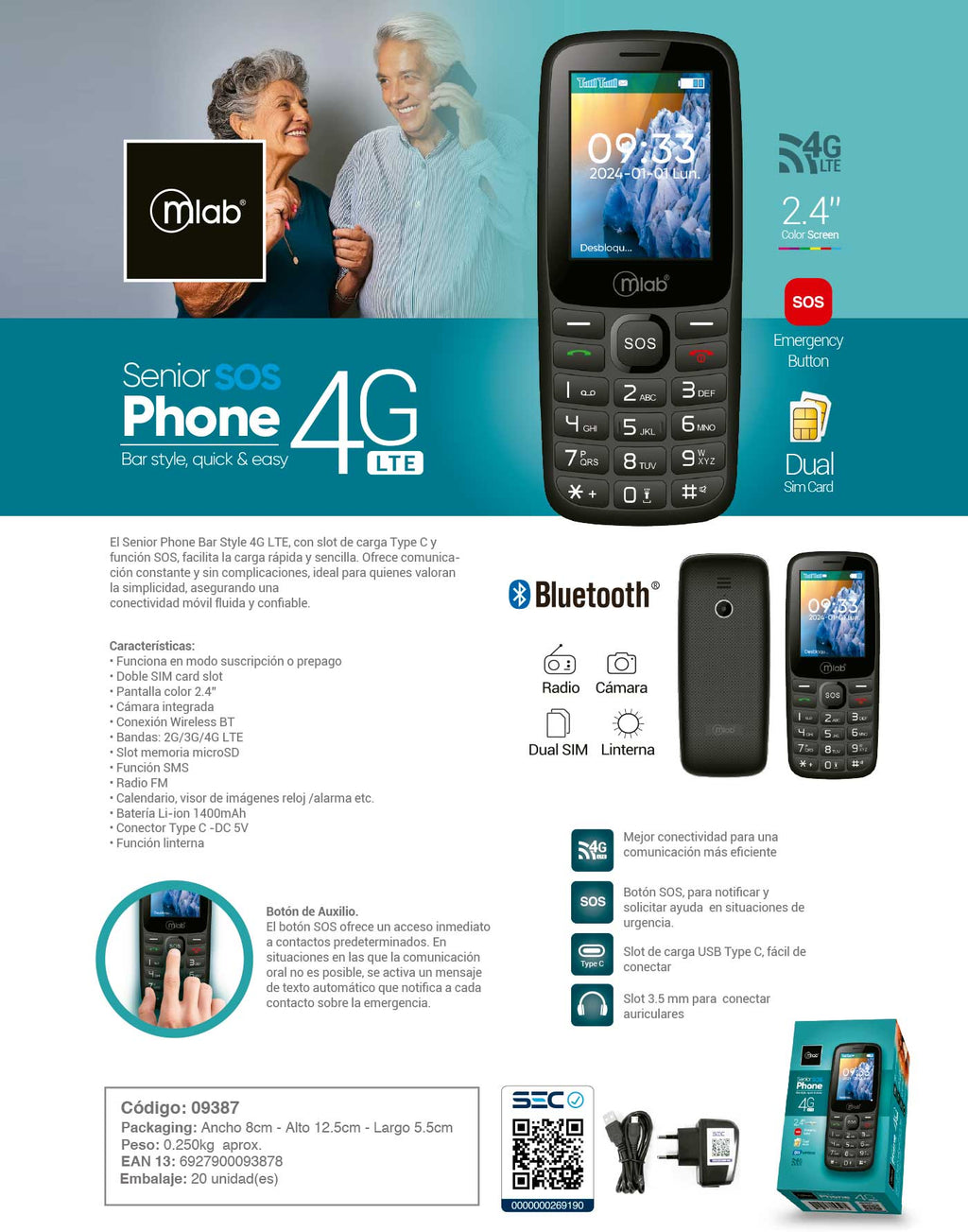 9387 -Teléfono Senior Bar 4G SOS, 2,4″- Black