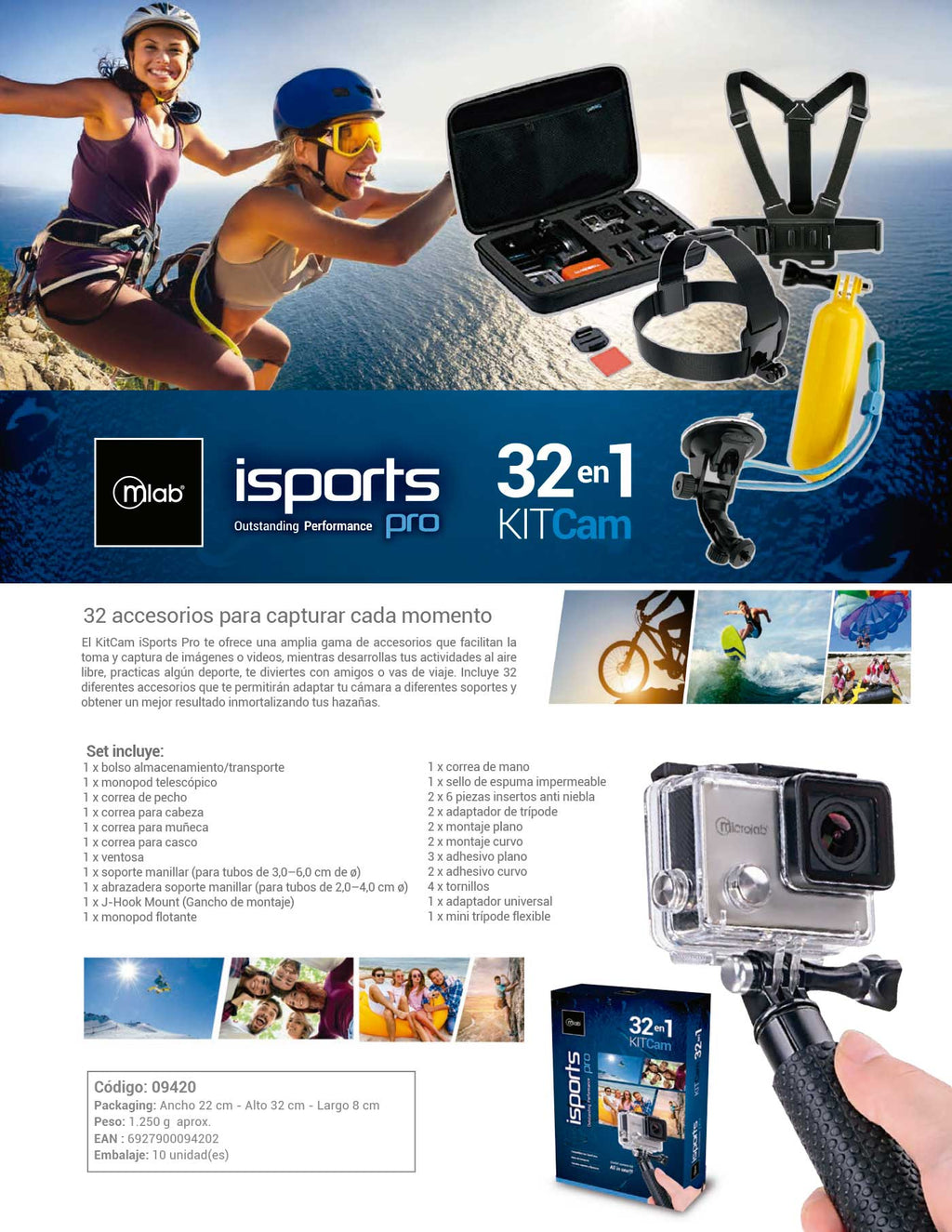 9420 – Kit Accesorios 32 en 1 cámaras deportivas iSport Pro