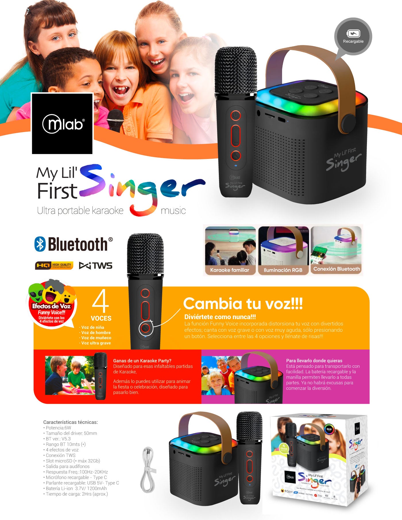 9390 – Mlab karaoke My Lil First Singer con luz RGB 1 micrófono inalámbrico Black