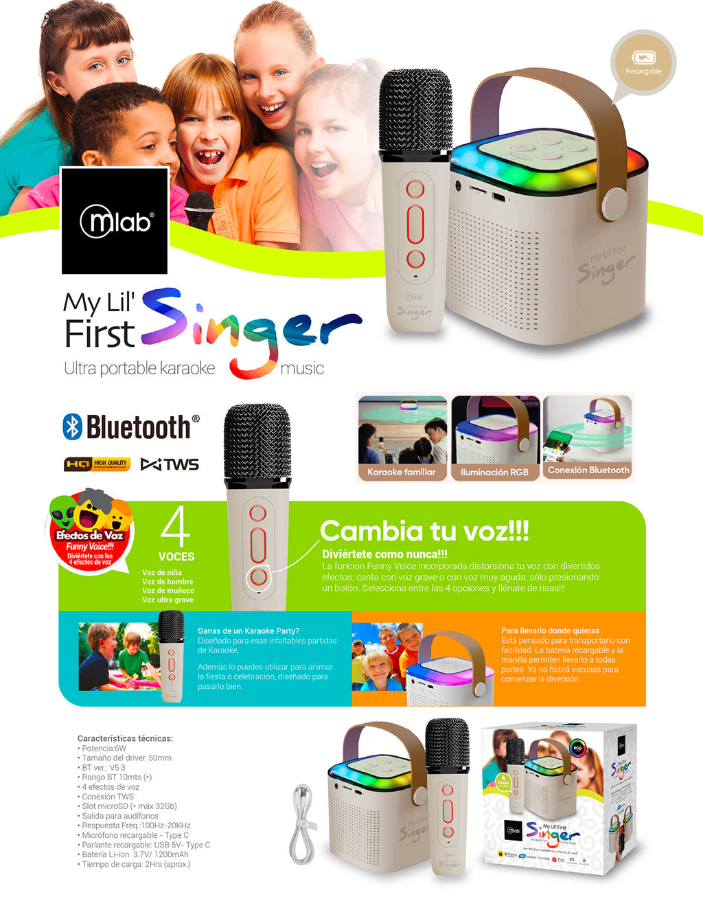 9391 – Mlab karaoke My Lil First Singer con luz RGB 1 micrófono inalámbrico Black