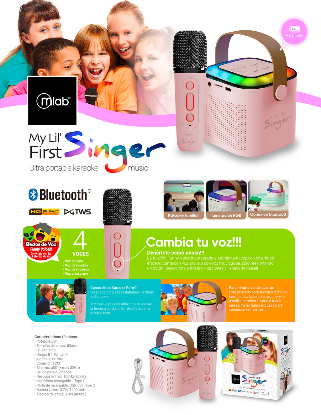 9392 – Mlab karaoke My Lil First Singer con luz RGB 1 micrófono inalámbrico Pink