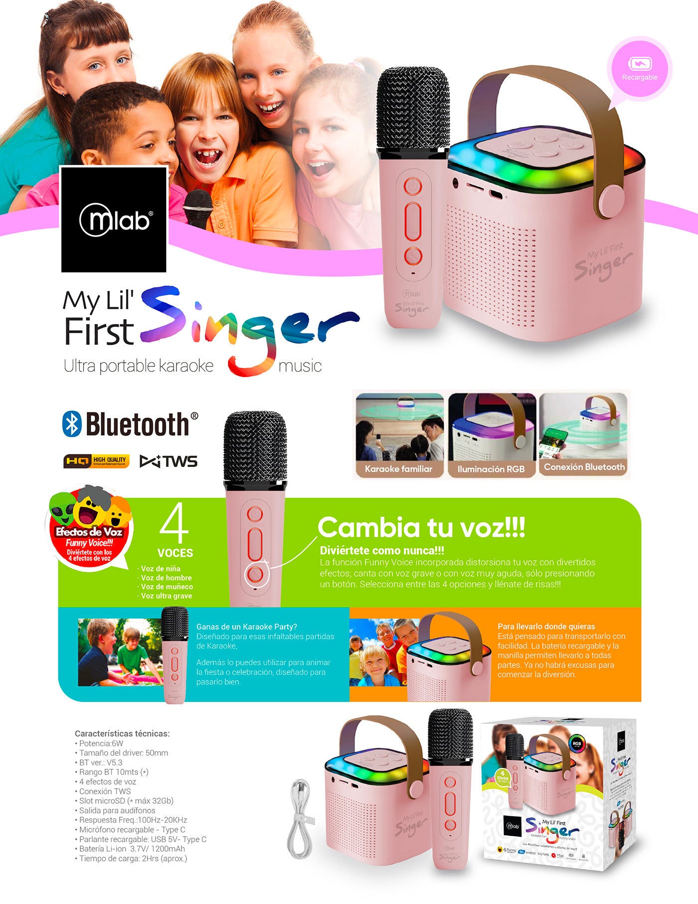 9392 – Mlab karaoke My Lil First Singer con luz RGB 1 micrófono inalámbrico Pink