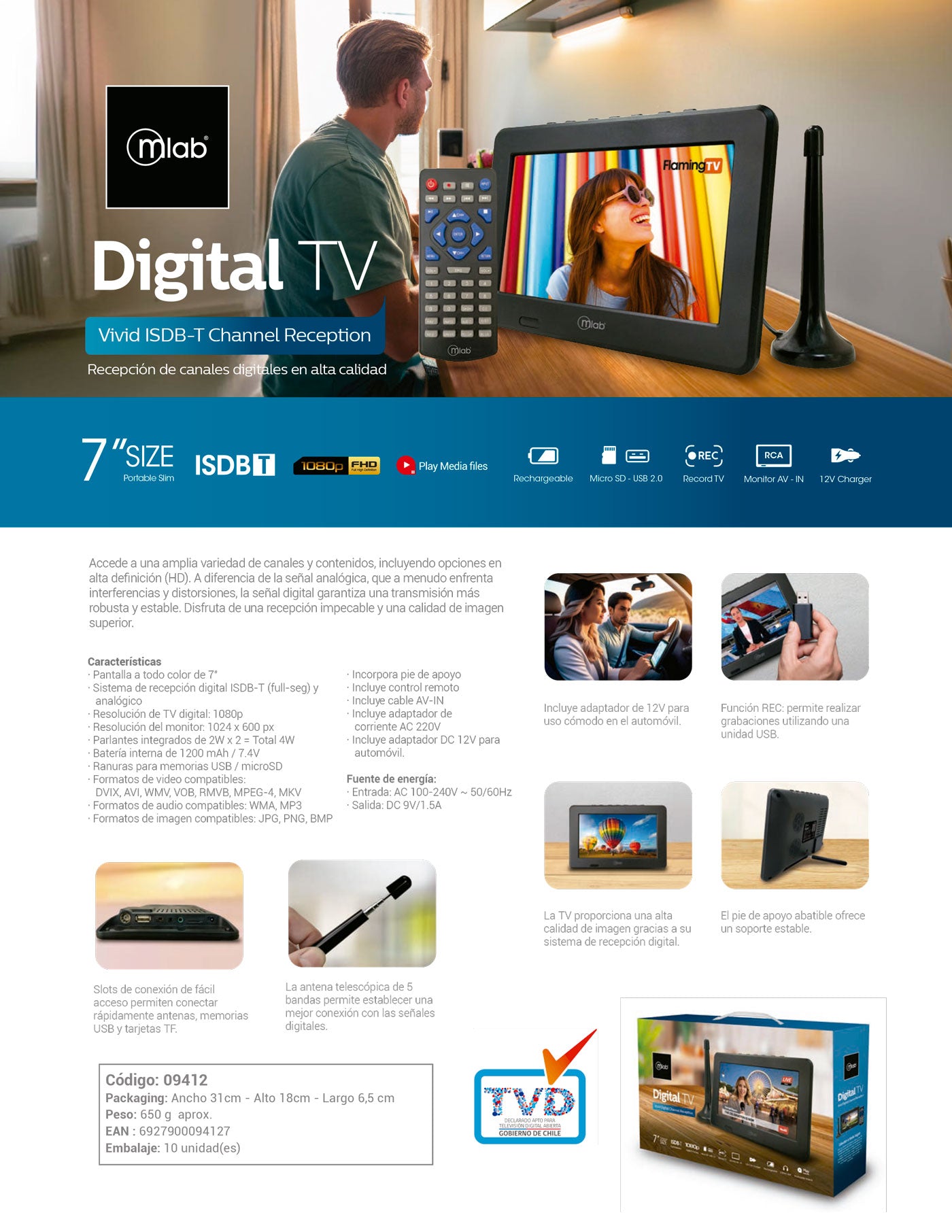 9412 – Mlab Televisor 7″ Señal Digital ISDB-T