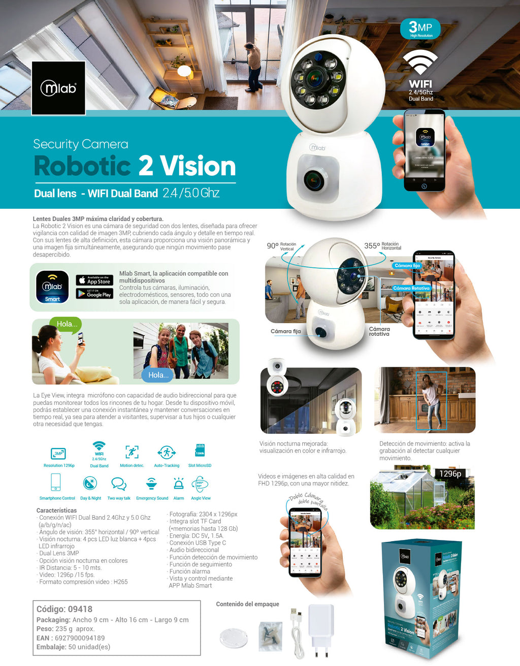 9418 – Camara IP Robotic 2 Vision Dualens Doble Lente 1080P WIFI Dual-Band PTZ