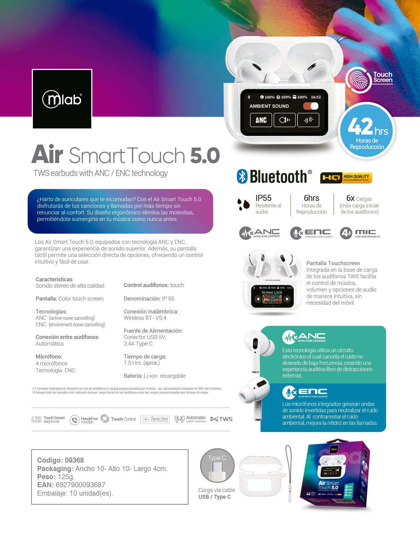 9368 – Mlab Audífonos TWS ANC + ENC Air-Smart Touch Screen Pro 5.0