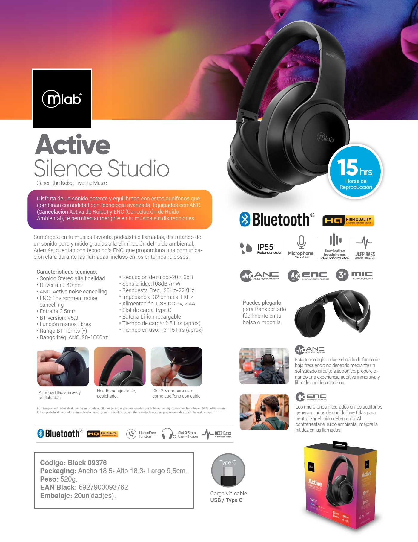 9376 – Audífono ANC + ENC Bluetooth Type C – Active Silence Studio black