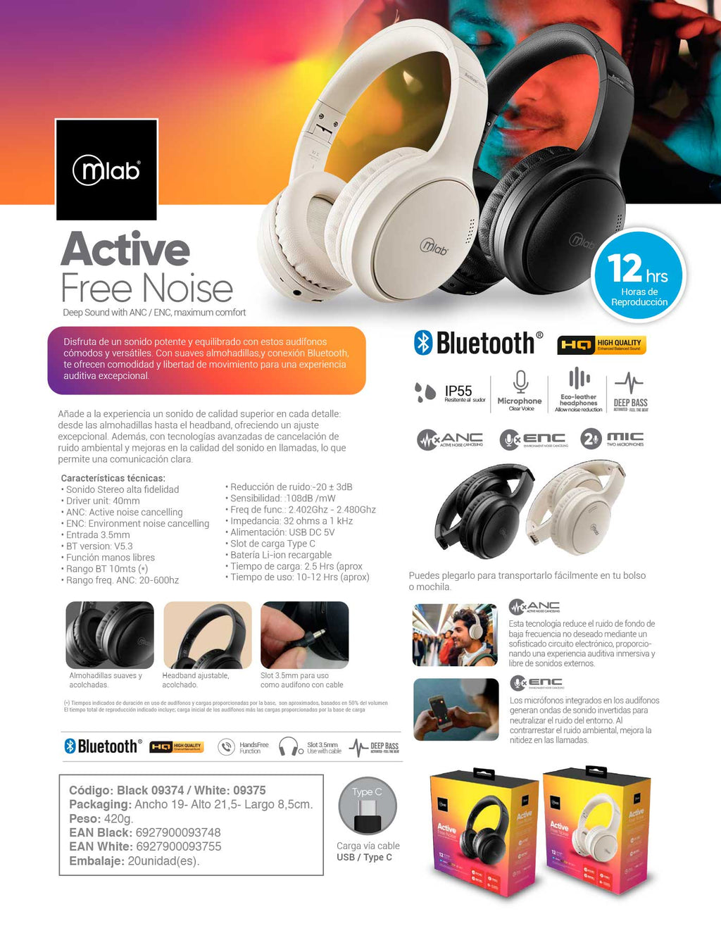 9375 – Audífono ANC + ENC Bluetooth Type C – Active Free Noise white