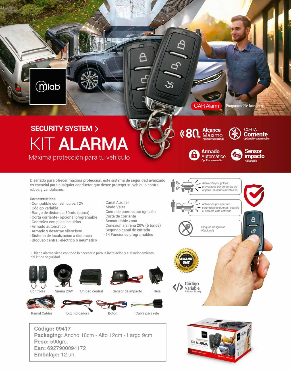 9417 – Alarma Auto Universal con cortacorriente Anti-Robos código variable