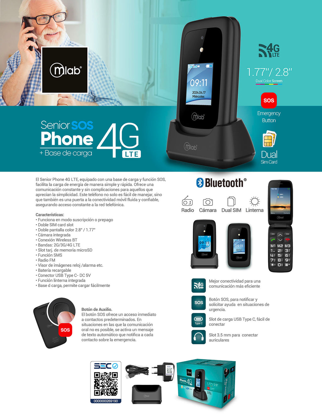 9338 -Telefono Senior Shell 4G SOS, doble pantalla 2,8″- 1,77″ con base de carga