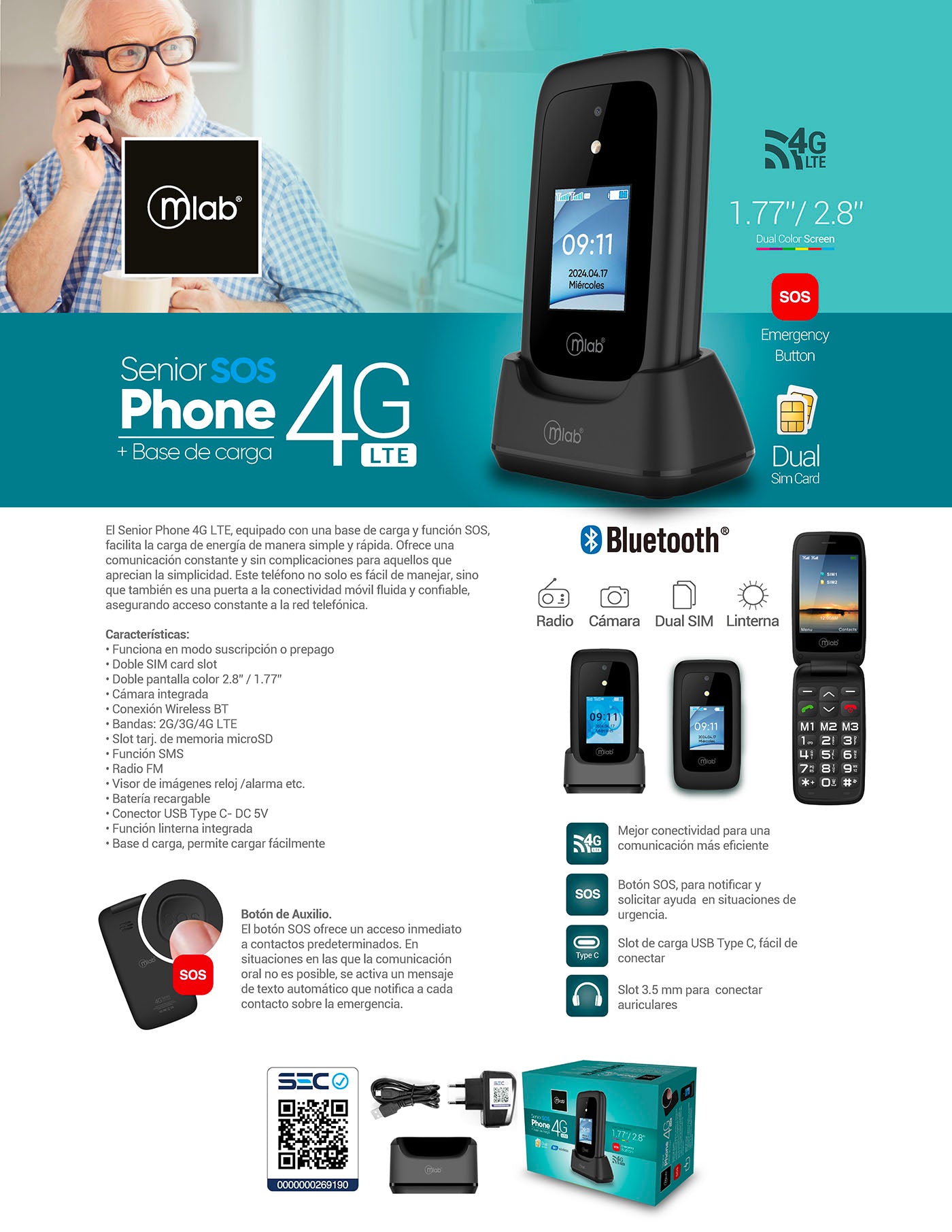 9338 -Telefono Senior Shell 4G SOS, doble pantalla 2,8″- 1,77″ con base de carga