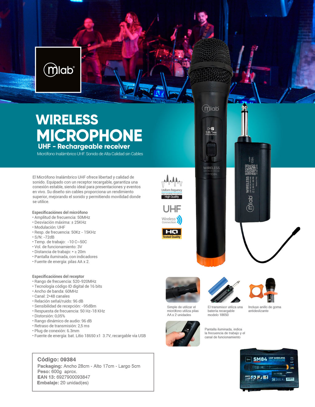 9384- Mlab microfono inalámbrico UHF portátil recargable