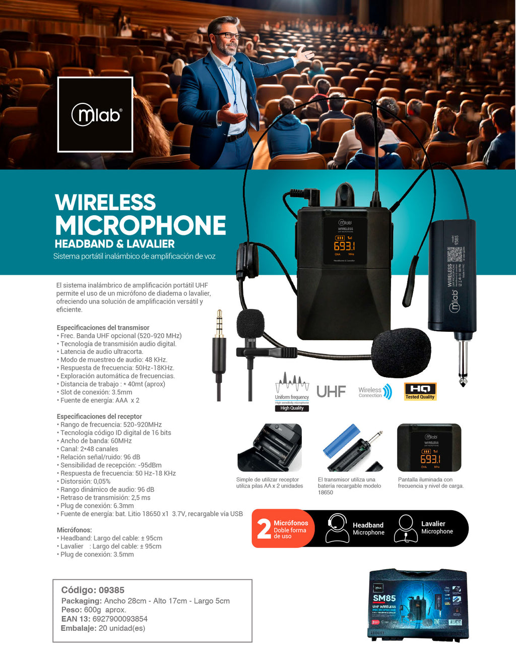 9385- Mlab micrófono portátil inalámbrico UHF 2 en 1, cintillo + lavalier, recargable