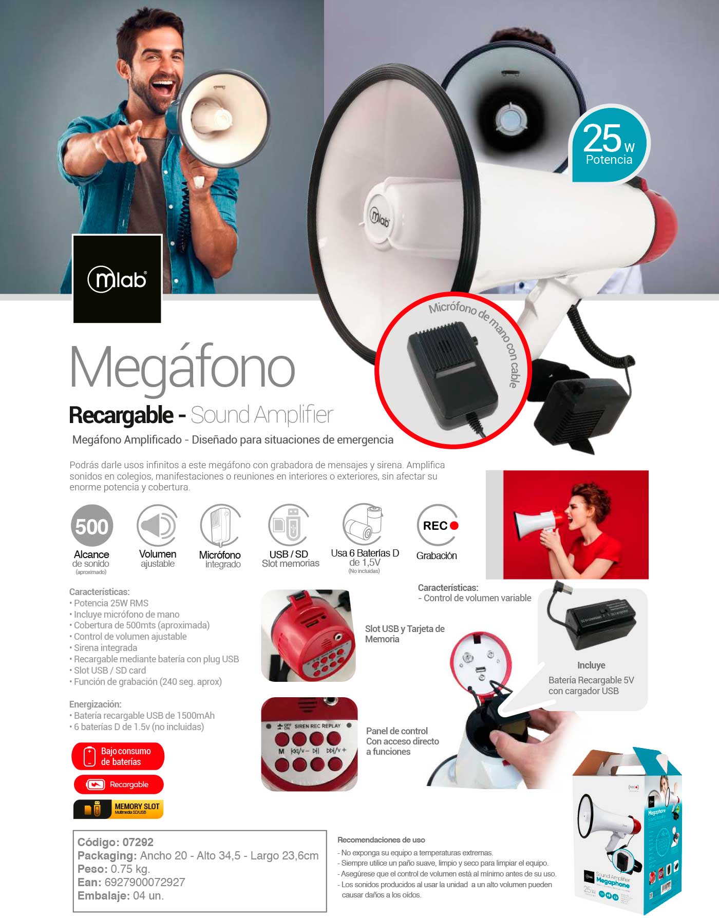 7292 – Megáfono recargable 25W con micrófono