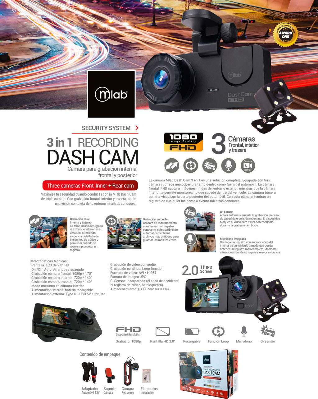 9318 – Cámara Auto DVR FHD, 3 Cámaras Front 1080p/ Inside 720p / Back 720p
