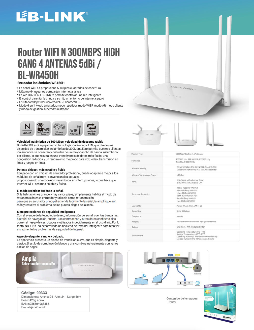 Router WIFI N 300MBPS HIGH GANG 4 ANTENAS 5dBi / BL-WR450H